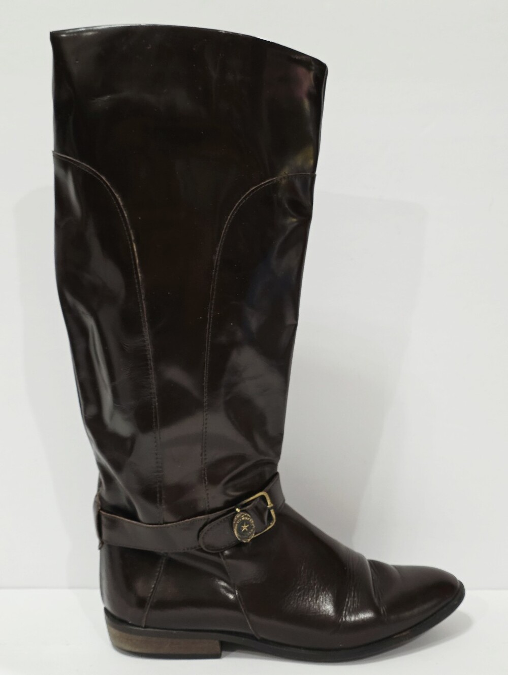 Charles David BROWN PATENT Leather Boot Buckle Knee High Riding Block 7 AA Used